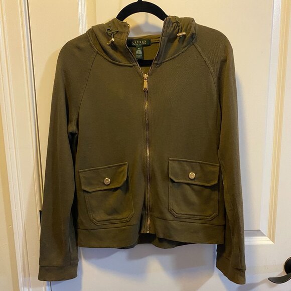 Lauren Ralph Lauren Full Zip Olive Green Pockets Sweatshirt Women's M - Picture 1 of 7